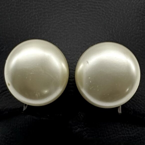 Vintage Cream Faux Button Pearl Adjustable Screw-Back Earrings w/Sterling Silver - Picture 2 of 6